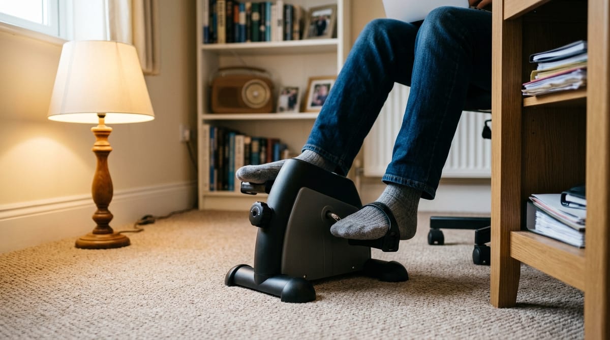 A compact under-desk pedal exerciser on the floor beneath a home-office desk